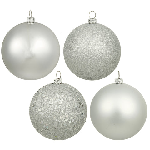 Vickerman 6" Silver 4-Finish Shatterproof Ball Ornament Set of 4 Ornaments - Featuring Matte, Sequin, Shiny and Glitter Finishes Ornaments - Holiday Decor
