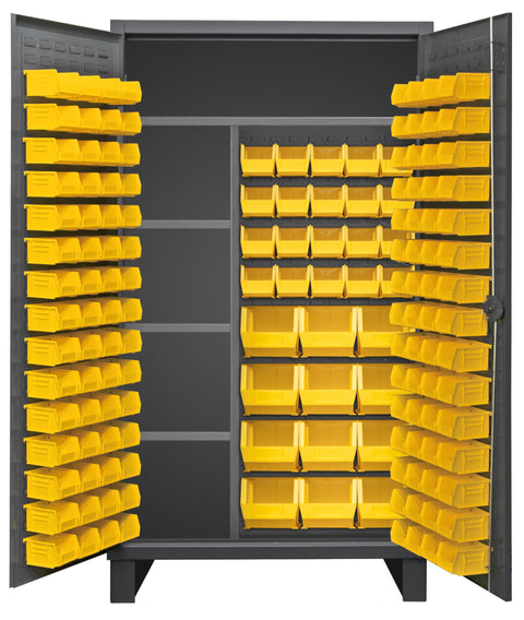 Durham HDJC244878-156-4S95 Extra Heavy Duty Welded 12 Gauge Steel Lockable Maintenance Cabinet with 156 Yellow Hook On Bins, 24"L x 48" W x 78" H, 4 Shelves, 1375 lb. Shelf Cap