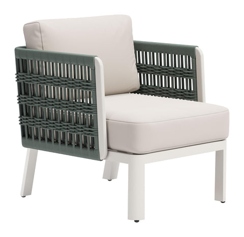 Zuo Bridgehampton Armchair White, White Accent Chair, Modern Style, Outdoor Fabric, Removable and Washable Cushion Cover, Aluminum, Outdoor Living, 26.4" W x 31.5" D x 31.9" H, Non-Stackable