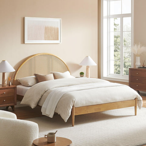 Modway Odette Arched Queen Platform Bed in Oak with Rattan Cane Headboard – Wooden Queen Half Moon Bed Frame – Mid-Century Modern Queen Size Platform Bed Frame