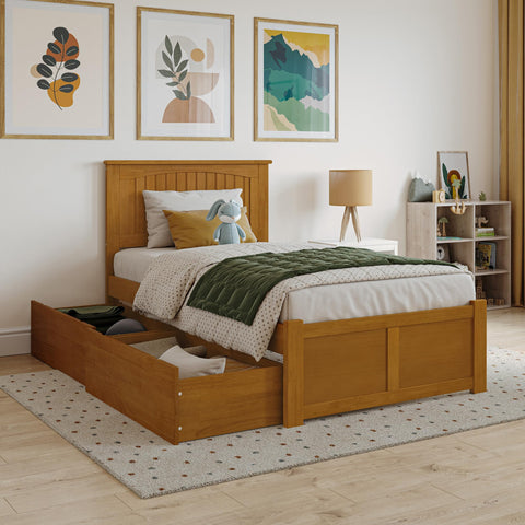 AFI Nantucket Twin Solid Wood Platform Bed with Footboard & Storage Drawers in Light Toffee