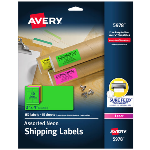 Avery Printable Address Labels with Sure Feed, 2" x 4", Assorted Neon (Magenta, Green, Yellow), 150 Blank Mailing Labels (5978)
