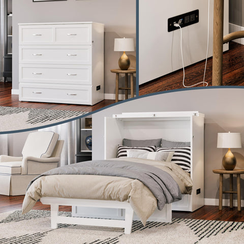 AFI, Northfield Murphy Bed Chest Twin XL with 6" Mattress, Storage Drawer & Built-in USB Charger, White