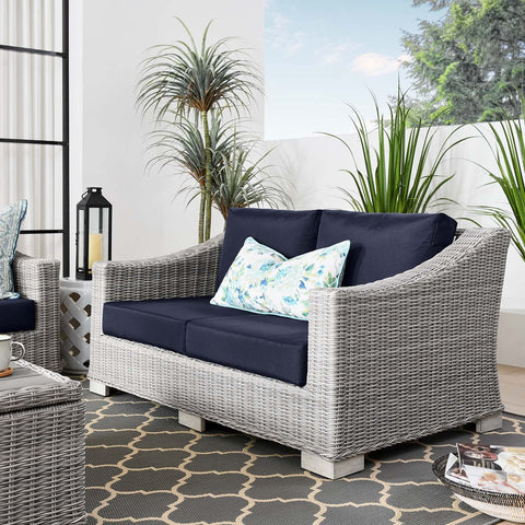 Conway Outdoor Patio Wicker Rattan Loveseat in Light Gray Navy