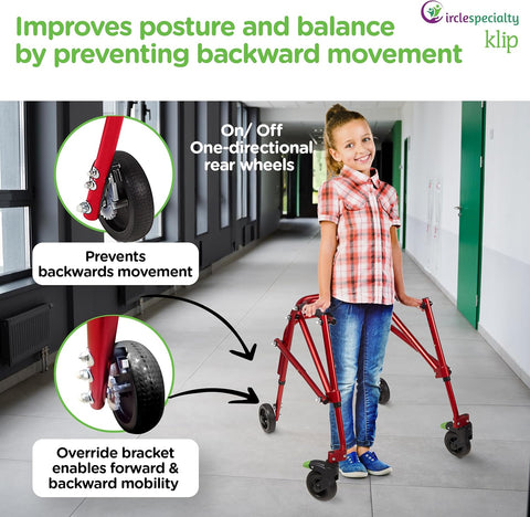Klip- Lightweight Posterior Rollator Walker/Gait Trainer 4 Wheel - Lightweight Posterior Walker for Toddlers, Kids, Teens with Special Needs (Small, Red)