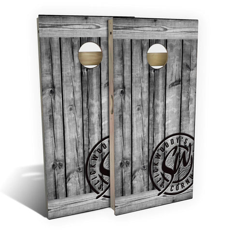 Skip's Garage Rustic Gray Barnwood All-Weather Cornhole Board Set - Regulation 2x4 (24" x 48") - Includes (2) Boards, (8) Bags, (2) Board Hole Lights & 2 Board Edge Lights
