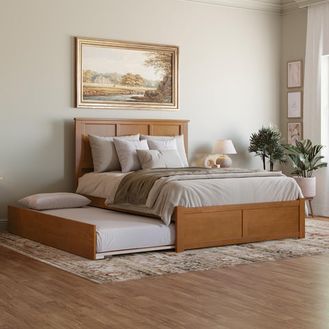 AFI Madison Queen Solid Wood Platform Bed with Footboard & Twin XL Trundle in Light Toffee