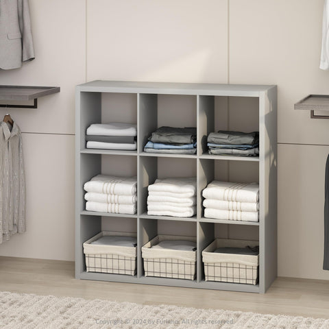 Furinno Cubic Open Back Multipurpose Clothing  and Closet Storage Organizer Shelf 9-Cube Light Grey