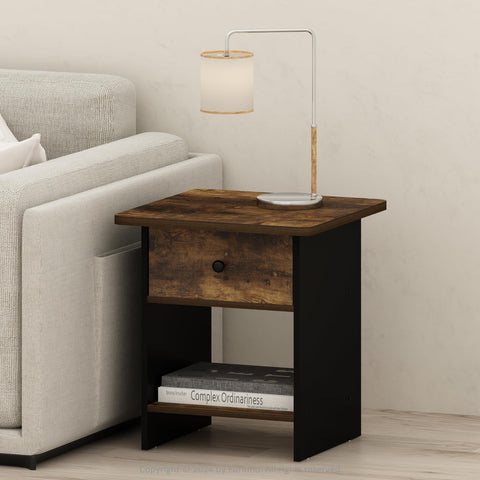 Furinno Modern Side Table, Square End Table with Storage Bin, Round Corner Night Stand, Bedside Table with Storage Shelf, for Living Room, Bedroom, Amber Oak