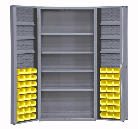 Heavy Duty Cabinet 14 Gauge 36 x 24 x 72 4 Adjustable Shelves 48 Yellow Bins 4 Inch Deep Box Doors with Louvered Panel 6 Door Shelves Lockable Chrome Handle with Keys Gray