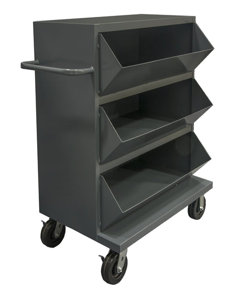 36 Wide 14 Gauge Mobile Storage Bins With 3 Open Bins Tubular Push Handled Gray