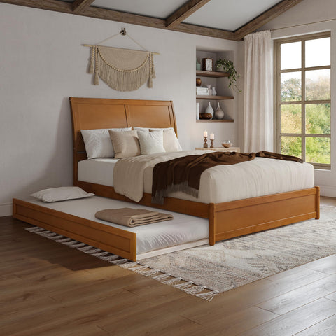 AFI, Andorra Queen Platform Bed with Panel Footboard and Twin XL Trundle, Light Toffee