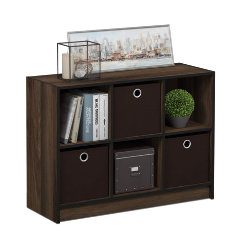 Furinno BASIC Book Shelf, 6-Cube Bookshelf with Open Shelf, 3 x 2 Bookcase with Storage Bins, Closed Back, Horizontal, 11.9 x 31.6 x 23.6, for Living Room, Bedroom, Home Office, Columbia Walnut