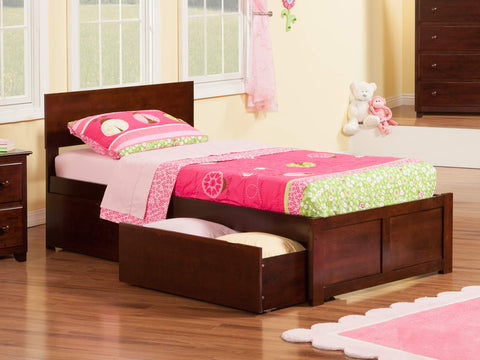 Orlando Twin Extra Long Platform Bed with Flat Panel Footboard and Turbo Charger with Urban Bed Drawers in Walnut