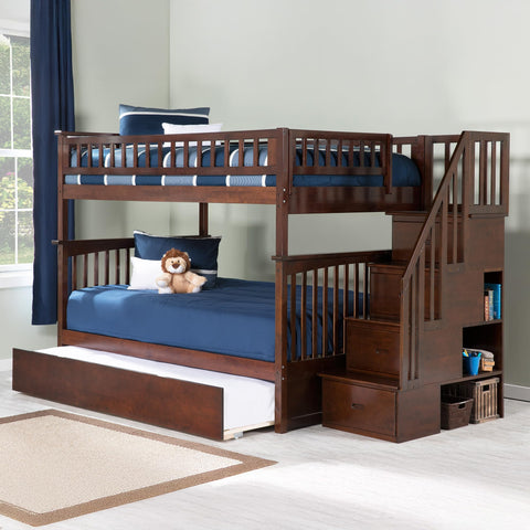 AFI Columbia Staircase Bunk with Turbo Charger and Twin Size Urban Trundle, Full/Full, Walnut