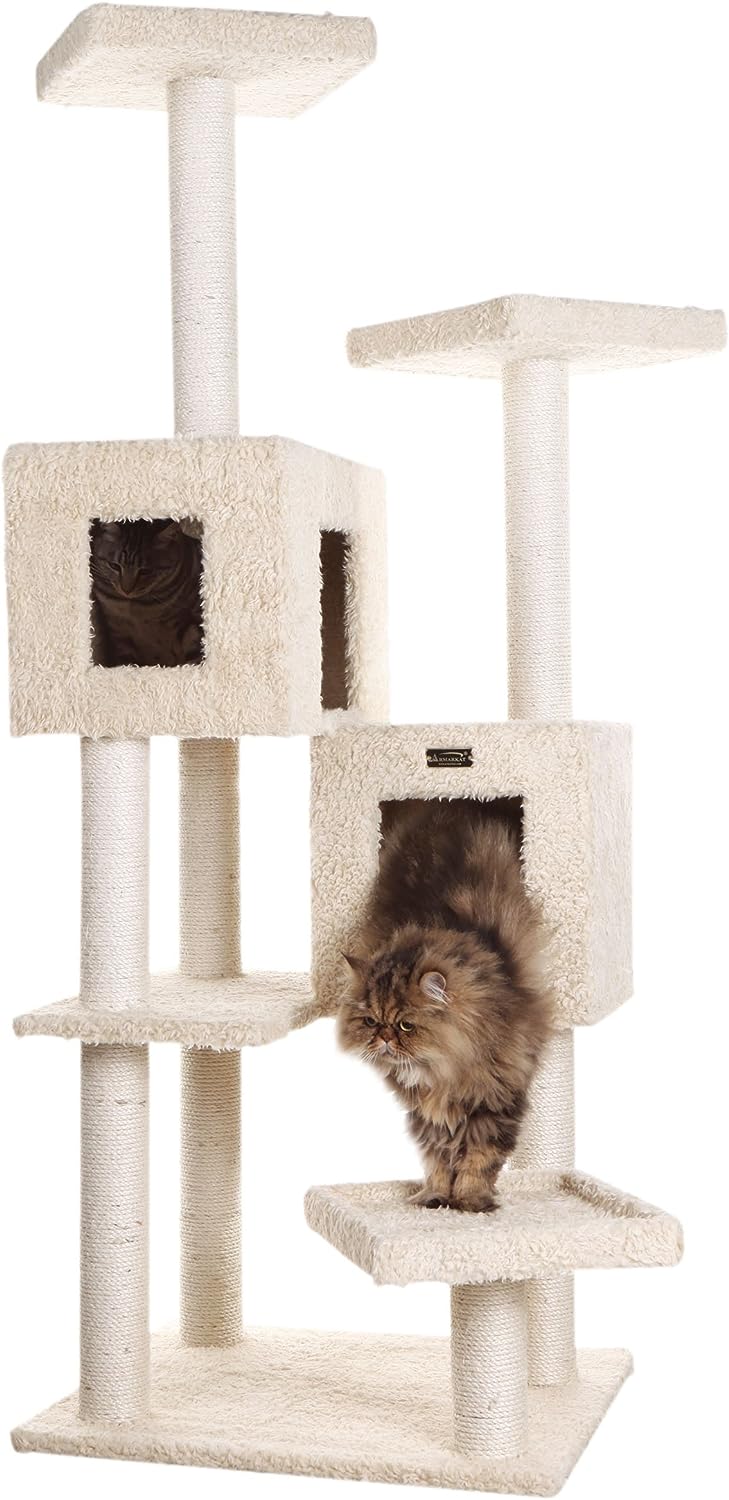 Armarkat A6702 Pet Cat Tree with Two Real Wood Houses, 67", Beige