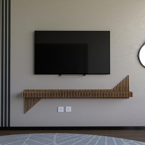 Parametric 65 inch Floating Shelf TV Unit Modern Geometric Wooden Wall Piece Decor Natural Oak Color 3D Wavy Living and Gaming Room Shelf