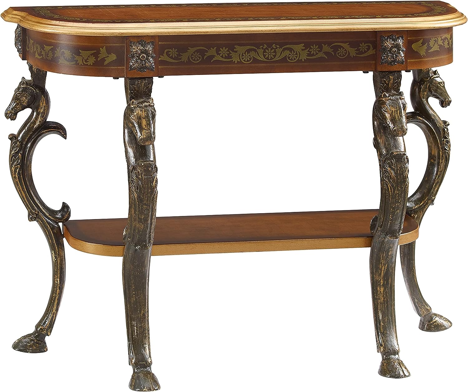 Powell Furniture Masterpiece Floral Demilune Powell Console Table, Brown and Gold 42 x 31.5 x 15.5