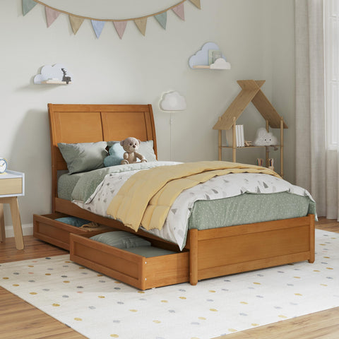 AFI, Andorra Twin Platform Bed with Panel Footboard & Storage Drawers, Light Toffee