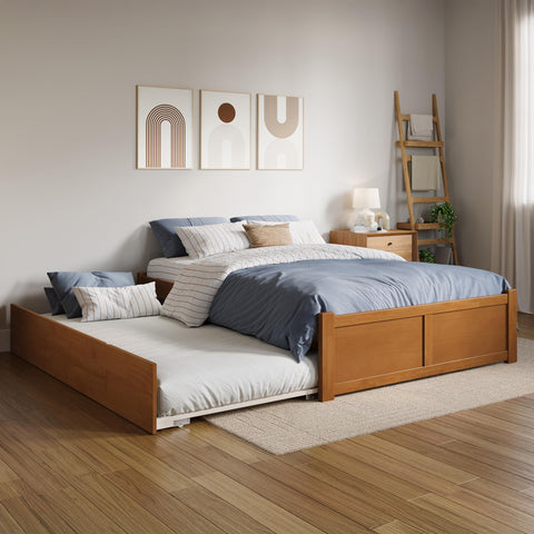 AFI Concord Full Solid Wood Platform Bed with Footboard & Twin Trundle in Light Toffee