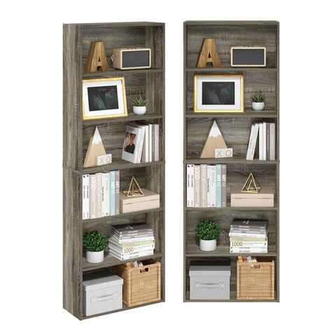 Furinno Jaya Book Shelf Set of 2, 6-Tier Bookshelf, Bookcase, 9.5 x 24.6 x 71, for Home Office, Living Room, French Oak