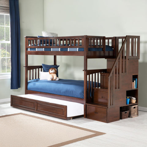 AFI Columbia Staircase Bunk with Turbo Charger and Twin Size Raised Panel Trundle, Twin/Twin, Walnut