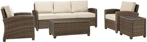 Bradenton 5Pc Wicker Outdoor Sofa Patio Furniture Set Sand/Weathered Brown - Sofa, Side Table, Coffee Table, & 2 Armchairs