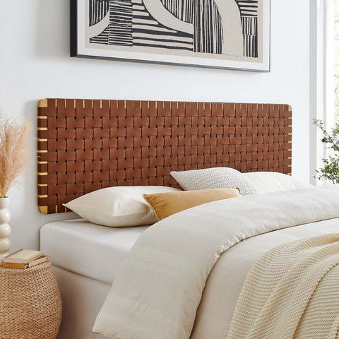 Modway Sparta Vegan Leather Weave King Headboard in Natural Brown, Faux Leather King Headboard Only with Wall Mount Design for Primary Bedroom or Guest Room