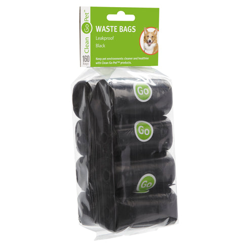 Clean Go Pet Replacement Dog Waste Bags, 8-Pack of 20-Count Rolls of Durable, Leakproof Plastic Poop Bags, Black