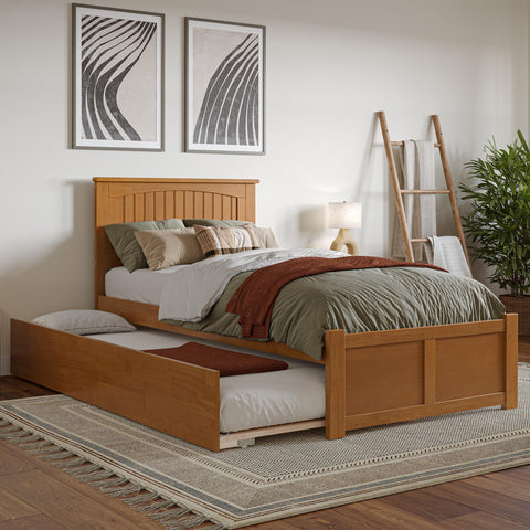 AFI Nantucket Twin XL Solid Wood Platform Bed with Footboard & Twin XL Trundle in Light Toffee