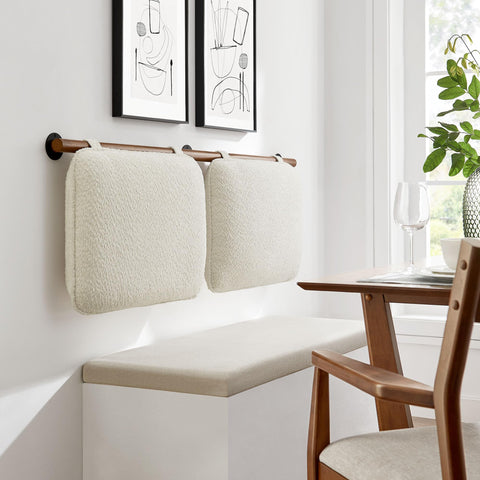 Modway Anela Chenille Upholstered Wall-Mounted Headboard Full Size in Cream Walnut – Floating Padded Headboard with Wood Bar and Two Cushions for Full Bed – Hanging Back Cushions for Bench