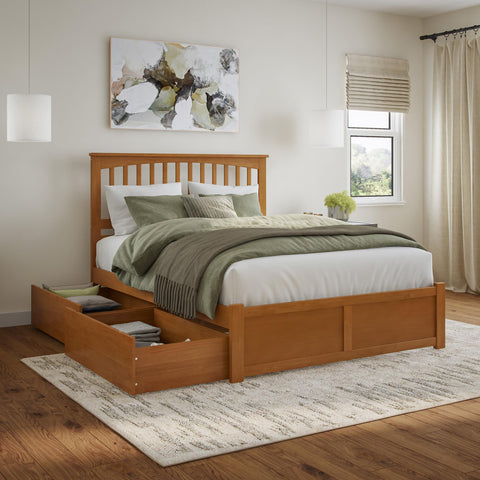 AFI Mission Queen Solid Wood Platform Bed with Footboard & Storage Drawers in Light Toffee