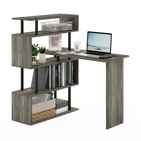 Furinno Classic Desk, 40" Wide L-Shape Gaming Desk, Computer Desk, Writing Desk with 5-Tier S-Shaped Side Shelves for Home Office, Study Room, Dorm, Bedroom, French Oak