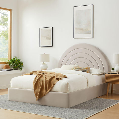 Modway Solana Full Size Performance Velvet Platform Bed in Almond – Upholstered Double Bed Frame with Soft Arch Shaped Padded Headboard – Plinth Base Platform Bed Frame