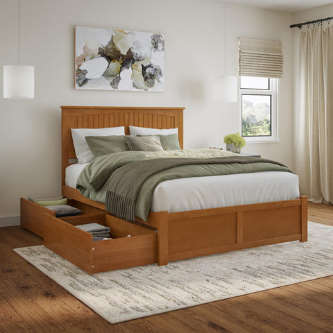 AFI Nantucket Queen Solid Wood Platform Bed with Footboard & Storage Drawers in Light Toffee