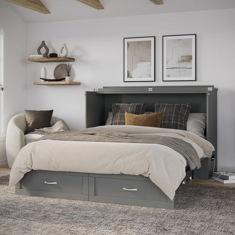 AFI, Raleigh Modern Queen Solid Wood Murphy Bed Chest with 6" Mattress, Storage Drawer & Built-in USB Charger, Grey