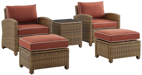 Bradenton 5Pc Wicker Outdoor Chair Set Sangria/ Weathered Brown - Side Table, 2 Arm Chairs & 2 Ottomans