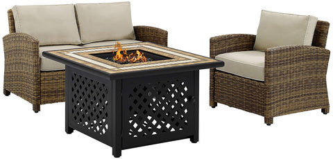 Bradenton 3Pc Wicker Outdoor Loveseat Set W/ Fire Table Weathered Brown/Sand - Loveseat, Armchair, & Tucson Fire Table