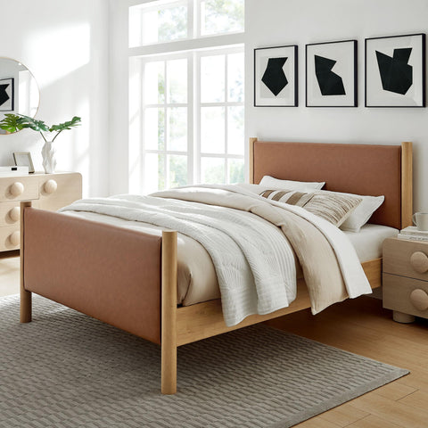Modway Maven Queen Size Bed Frame in Tan Oak with Faux Leather Upholstered Headboard and Footboard – Wood Queen Platform Bed Frame – No Box Spring Needed
