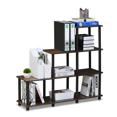 Furinno TURN-N-TUBE Storage Shelves, 4-Tier Ladder Book Shelf, Corner Shelf, Toolless Open Shelves, for Organization and Storage, Living Room, Garage, Home Office, Walnut