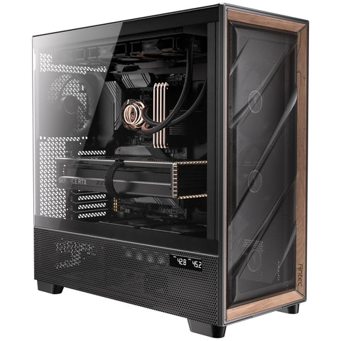 Antec Flux Pro, 6 x PWM Fans Included, High-Airflow Front Panel with Walnut Wood, iShift PSU 90° Mount, USB3.0 x 2, Type-C, 420mm Radiator Support, Temp. Display, Full-Tower E-ATX PC Case