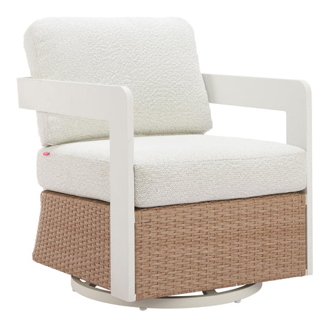 Zuo Gelo Swivel Chair White & Brown, White Accent Chair, Modern Style, Outdoor Fabric, Removable and Washable Cushion Cover, Aluminum, Outdoor Living, 25.2" W x 29.9" D x 33.1" H, Non-Stackable