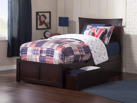 Metro Twin Platform Bed with Flat Panel Footboard and Turbo Charger with Urban Bed Drawers in Espresso