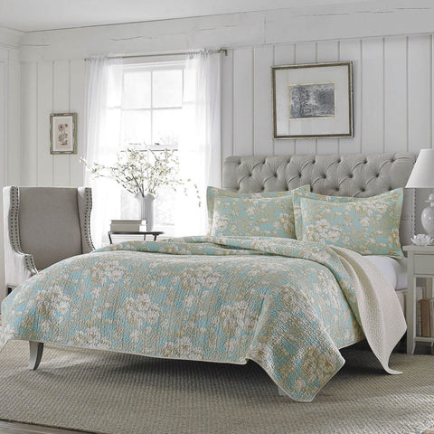 Fast Furnishings Full / Queen 3-Piece Cotton Quilt Set in Seafoam Blue Beige Floral Pattern