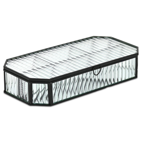 Zelara 11.625" Fluted Glass Storage Box - Black Metal Frame with 4 Compartments and Mirrored Bottom - For Bedroom, Vanity, or Shelf Decor - By Cheungs