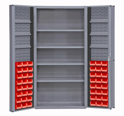 Heavy Duty Cabinet 14 Gauge 36 x 24 x 72 4 Adjustable Shelves 48 Red Bins 4 Inch Deep Box Doors with Louvered Panel 6 Door Shelves Lockable Chrome Handle with Keys Gray