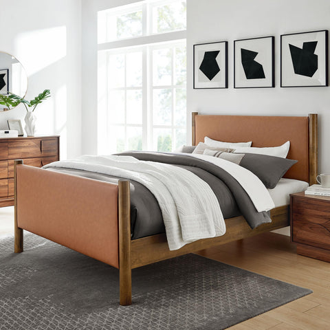 Modway Maven Queen Size Bed Frame in Tan Walnut with Faux Leather Upholstered Headboard and Footboard – Wood Queen Platform Bed Frame – No Box Spring Needed