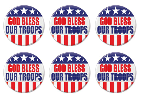 Beistle Patriotic God Bless Our Troops Metal Party Buttons 6 Piece USA Fourth of July Decorations Costume Accessories, 2", Red/White/Blue