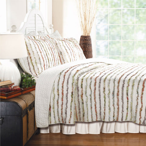 Fast Furnishings Twin Size 100% Cotton Ruffle Stripes Quilt Set - Machine Washable