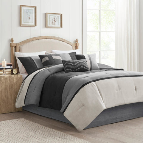 Madison Park Palisades Comforter Set Modern Faux Suede Pieced Stripe Design, All Season Down Alternative Cozy Bedding with Matching Shams, Decorative Pillows, King(104"x92"), Black 7 Piece